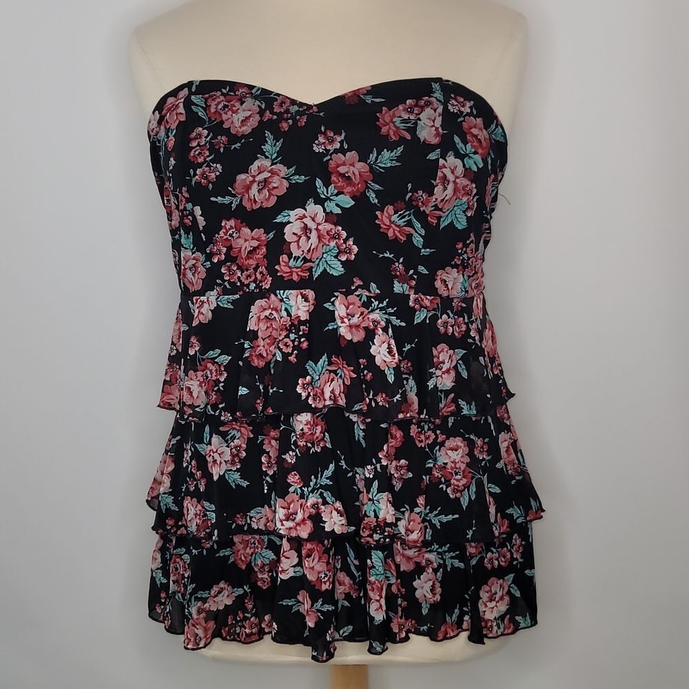 torrid Black Floral Strapless Ruffle Top